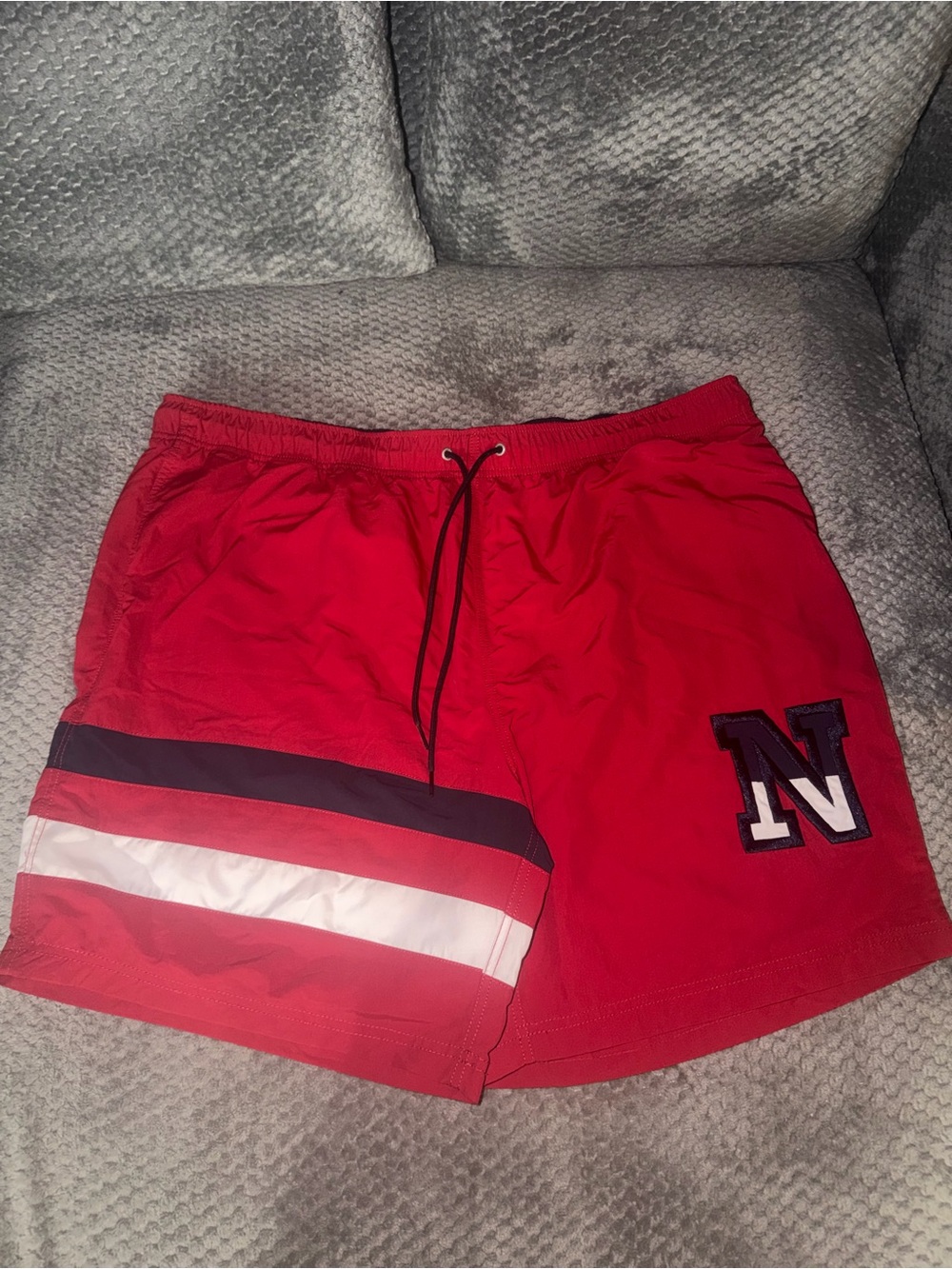 Nautica Men's Red Athletic Swim Shorts with Contrast Stripes